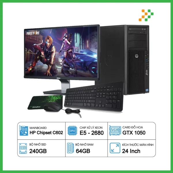 HP Workstation Z420 Xeon E5-2680/RAM 64GB/SSD 240GB/GTX1050/LCD 24″