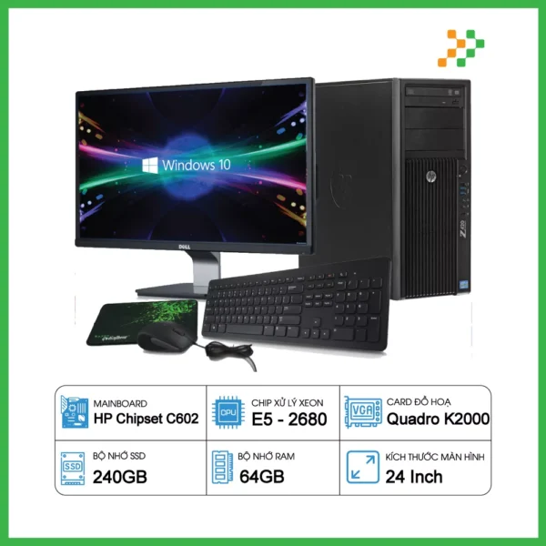 HP Workstation Z420 Xeon E5-2680/RAM 64GB/SSD 240GB/K2000/LCD 24″