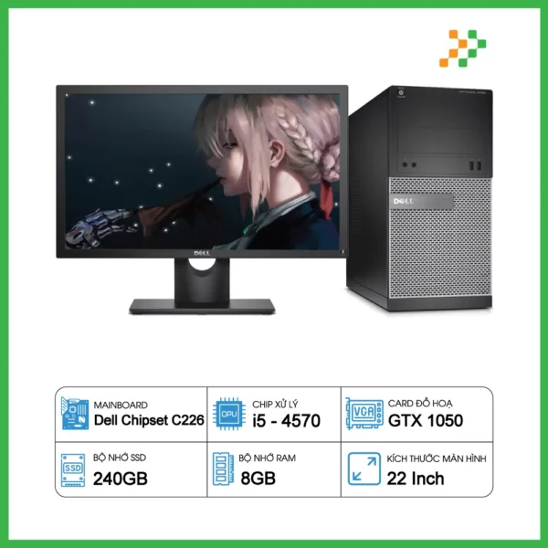 Máy Tính Bộ Dell Optiplex MT Core i5-4570/RAM 8GB/SSD 240GB/GTX1050 2GB/LCD 22 inch