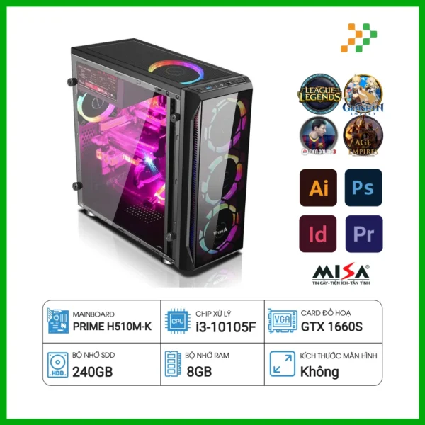 Máy tính PC Gaming Intel Core i3-10105F/8GB/240GB SSD/Không HDD/GeForce GTX 1660 Super/Free DOS/