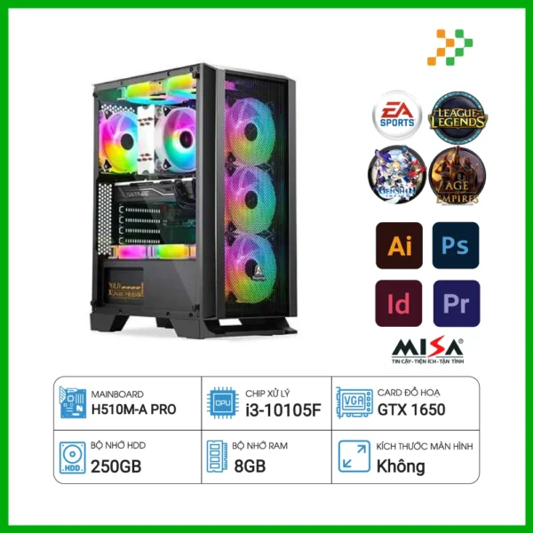 Máy tính PC Gaming Intel Core i3-10105F/8GB/250GB SSD/GeForce GTX 1650/Free DOS/