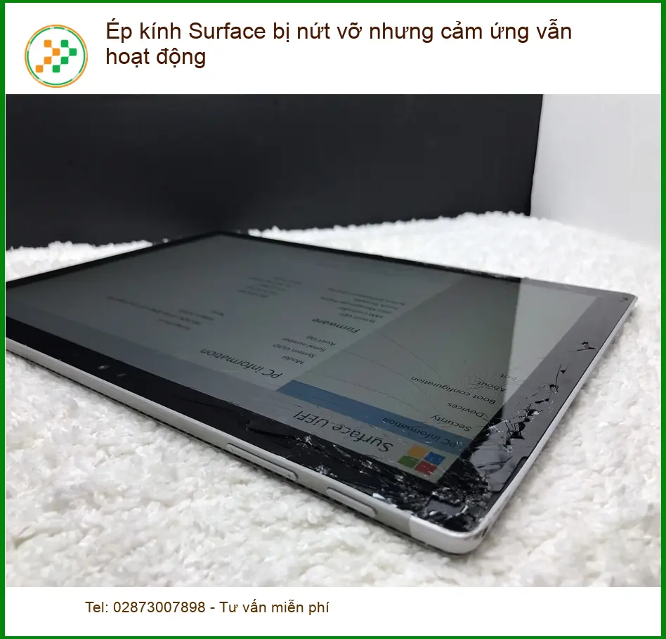 Surface Ép kính bị nứt vỡ nhưng cảm ứng vẫn hoạt động - Địa điểm sửa uy tín TPHCM