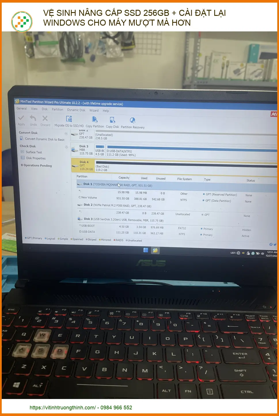 Vệ sinh nâng cấp SSD 256GB cài lại Windows lấy ngay tại Phú Nhuận