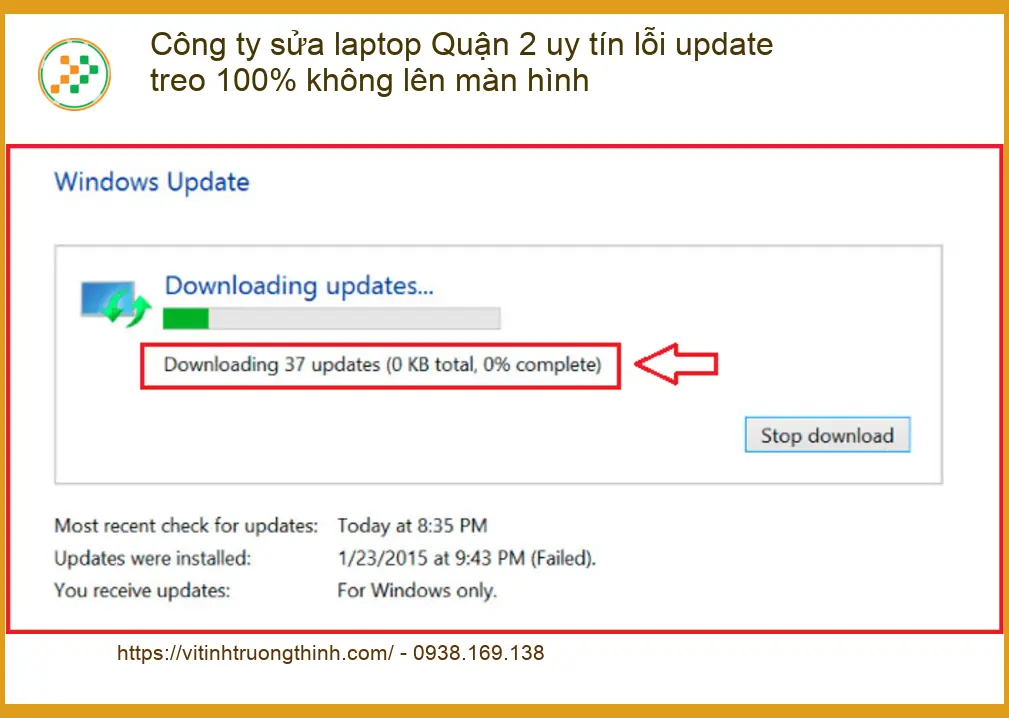 Sửa Laptop Quận 2 lỗi update treo 100% - Trung tâm uy tín TPHCM