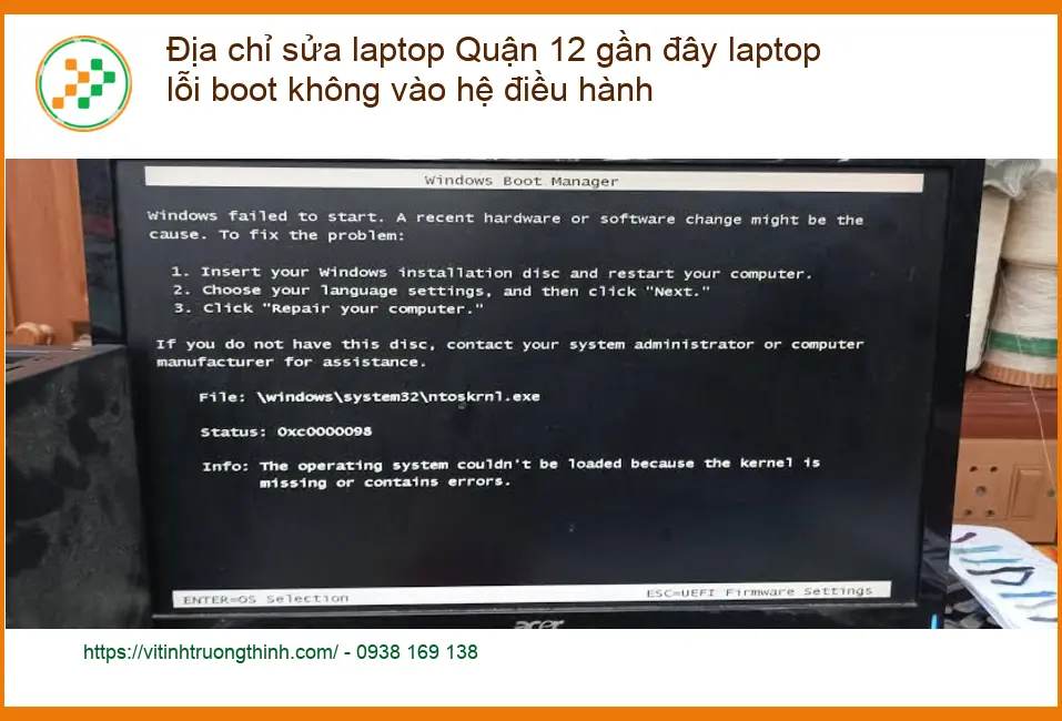 Sửa Laptop Quận 12 lỗi boot không vào Win - Địa chỉ uy tín lấy liền