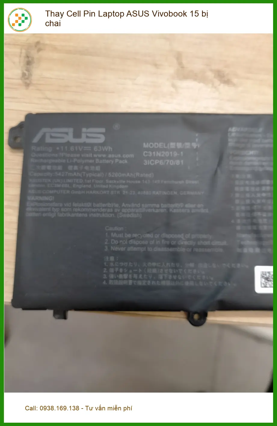 Chị Tú Thay Cell Pin Laptop ASUS Vivobook 15 bị chai Quận 12 ảnh thực tế 1